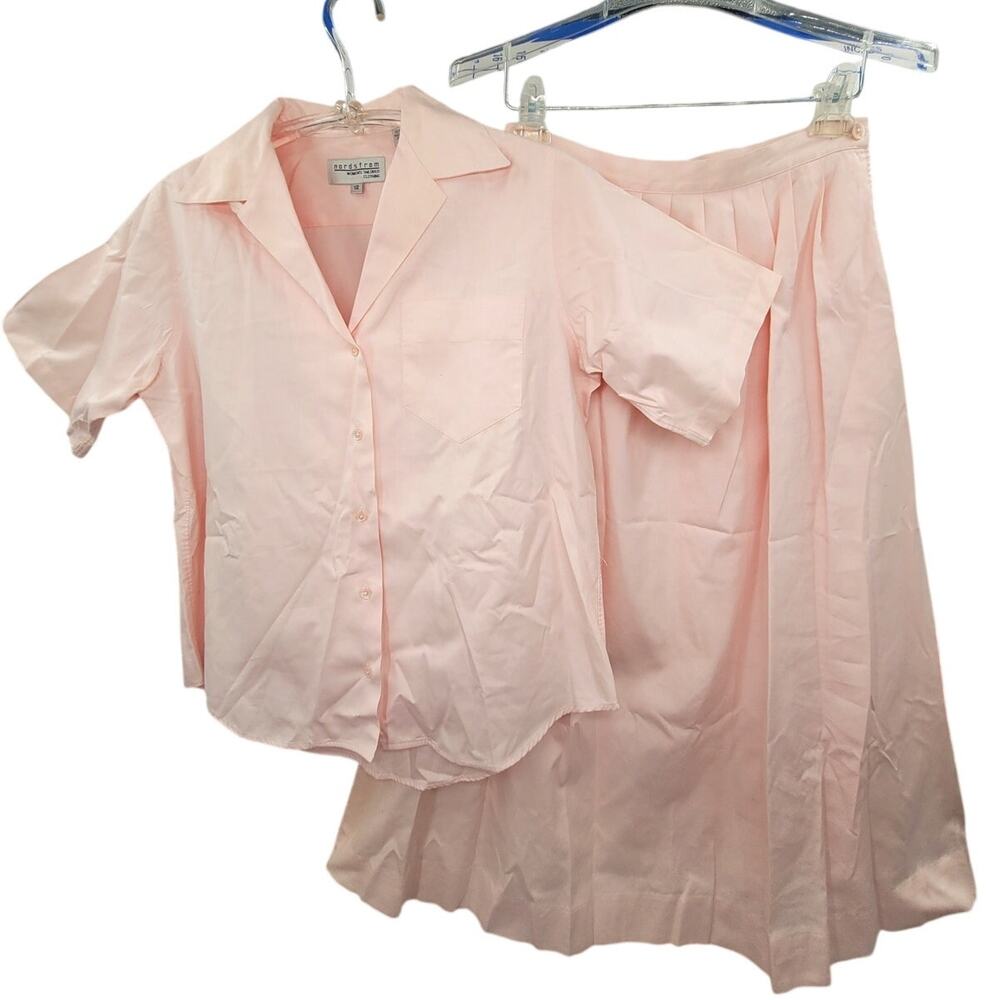 Nordstrom Vintage Pink Short Sleeve Blouse‎ Pleated Preppy Maxi Skirt Set Outfit